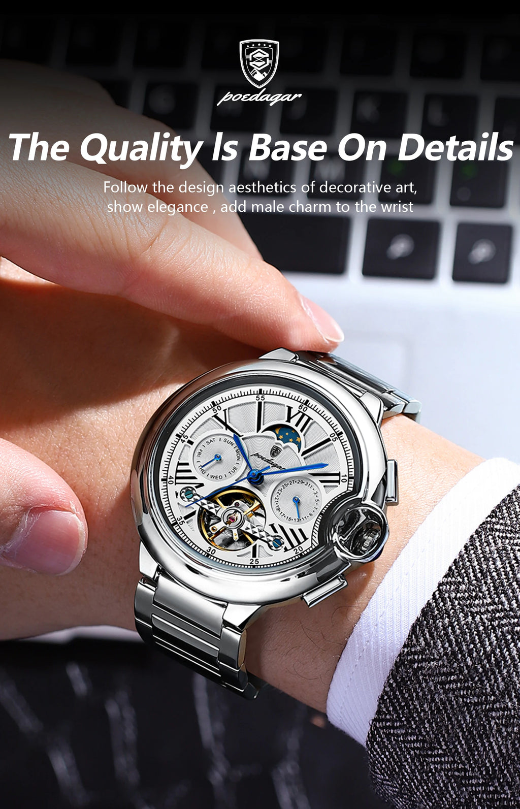 POEDAGAR Luxury Male Clock Date Week Stainless Steel Tourbillon Men Watch Waterproof Automatic Mechanical Business Men's Watches