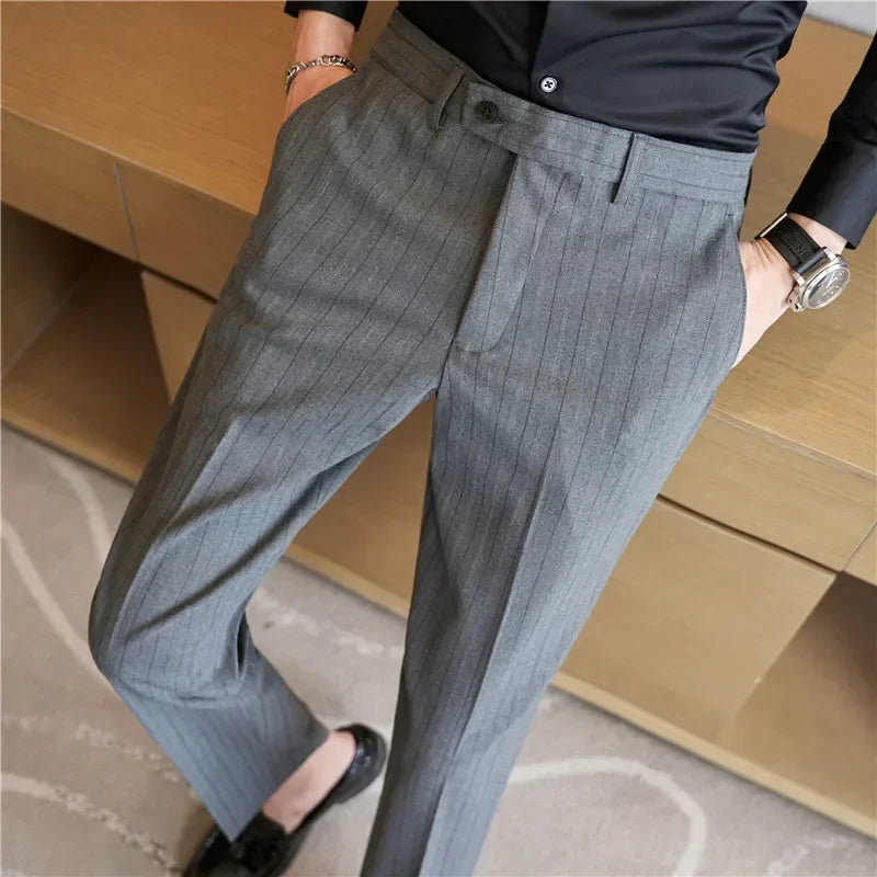 Gray Plaid Suit Pants Men, Fashion Slim Streaks Trousers Korean Navy Blue Pantalones Hombre, 28-32,33,34,36,38 Male Pant