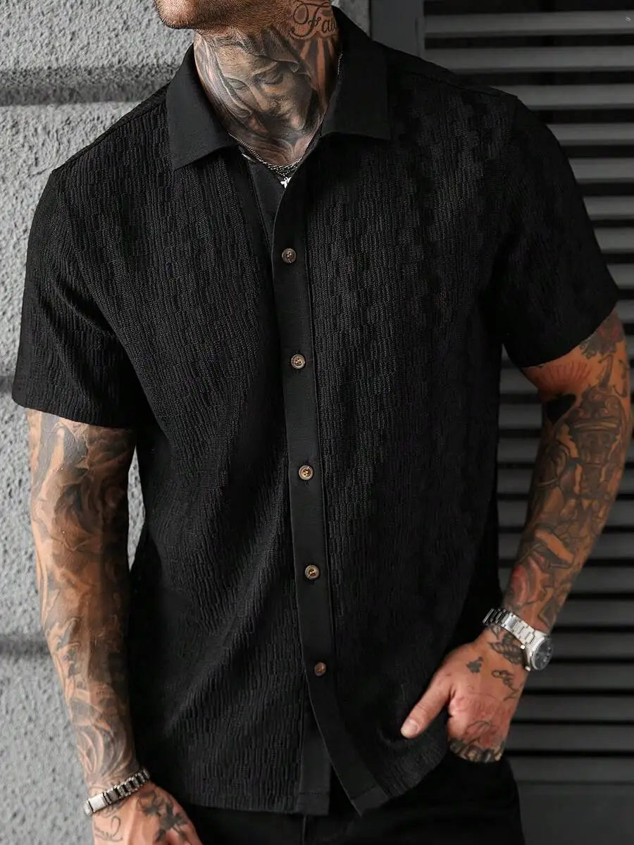 Casual Short Sleeve Knitted Shirt With Turn-Down Collar Geometric Pattern Men