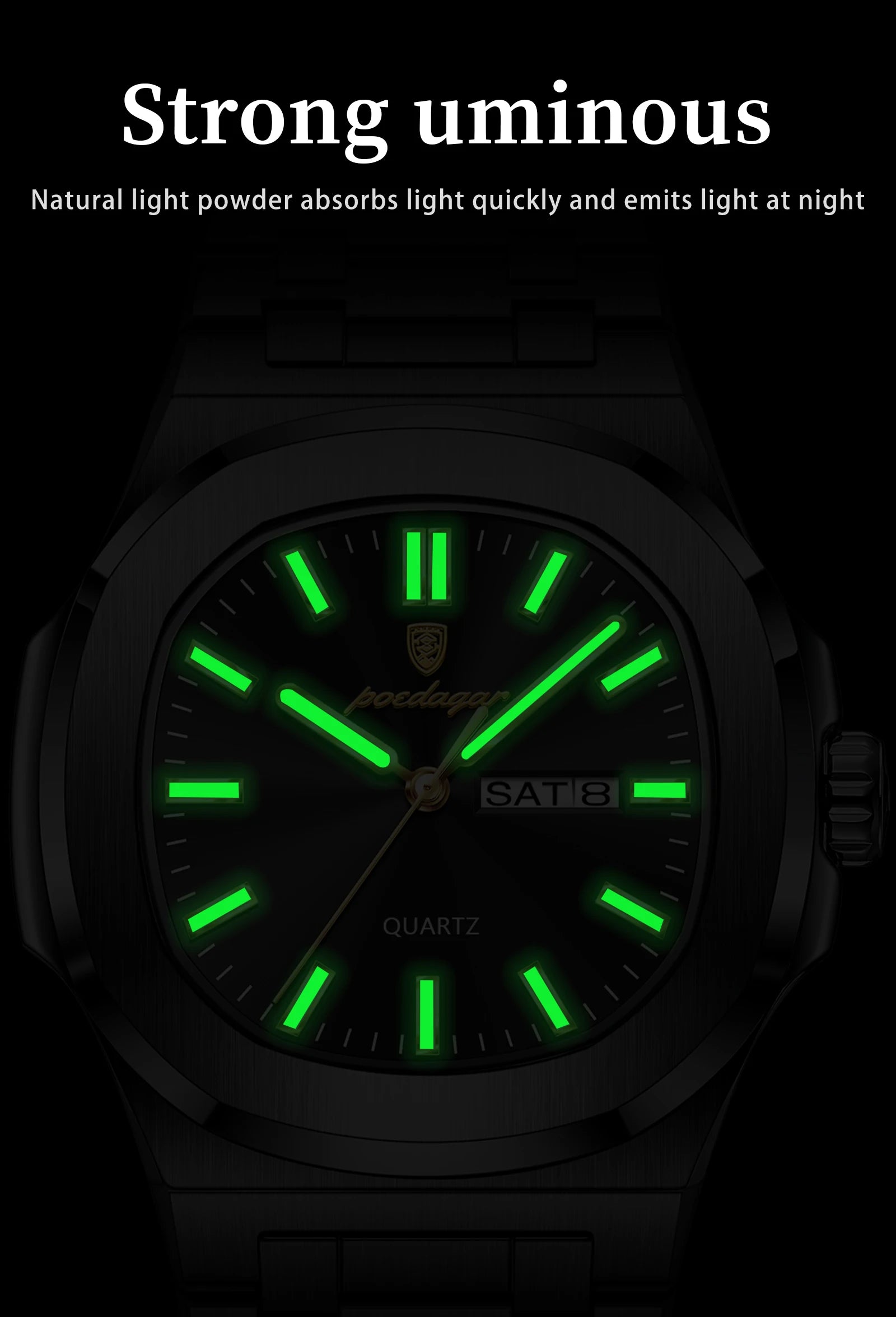 POEDAGAR Square Luxury Men Clock Waterproof Luminous Date Week Quartz Man Wristwatch Stainless Steel Fashion Men's Watches Reloj