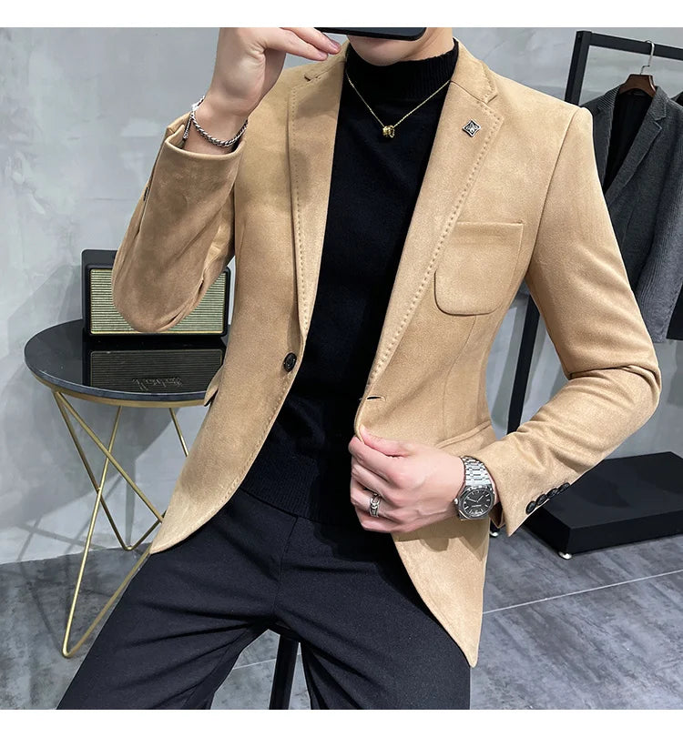 Deerskin Leather Jacket Blazer Men Casual Slim Fit Blazer Hombre Suit Leather Jacket Men Terno Masculino Men Clothing 6 Color