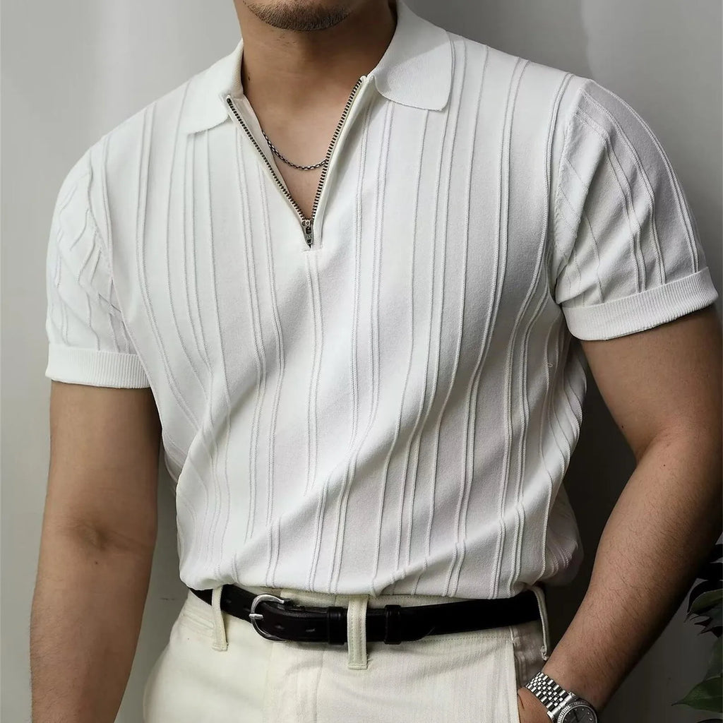 Korean Luxury Slim Soild Retro Tops Tees Clothes Knit Shirts Short Sleeve Quarter Zip Casual T Shirts Retro Camisas De Hombre