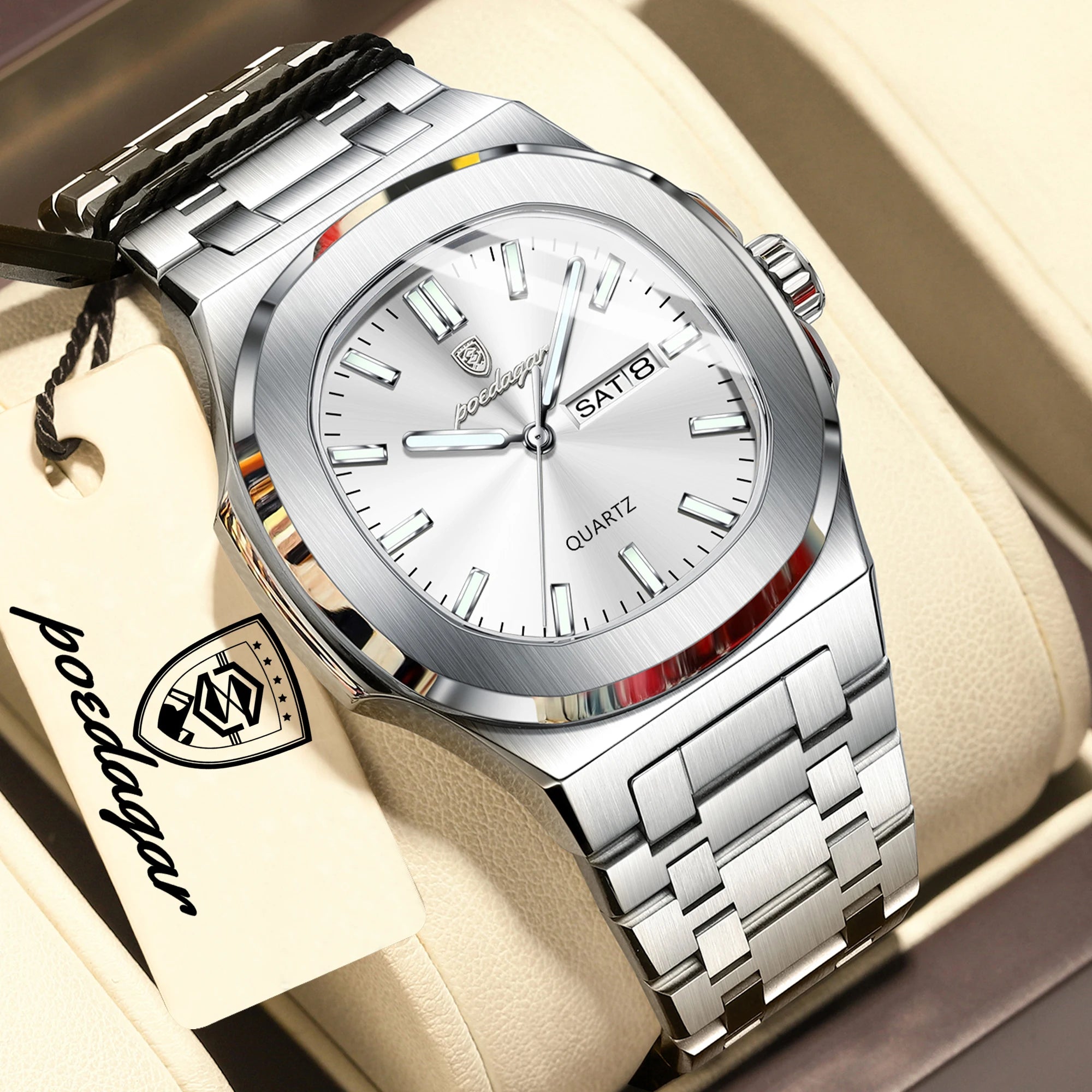 POEDAGAR Square Luxury Men Clock Waterproof Luminous Date Week Quartz Man Wristwatch Stainless Steel Fashion Men's Watches Reloj
