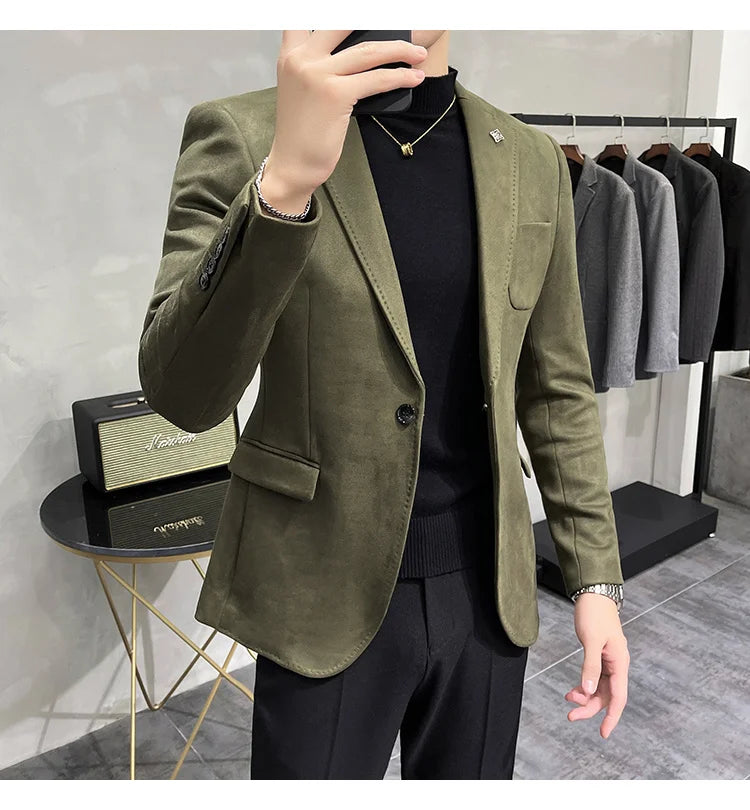 Deerskin Leather Jacket Blazer Men Casual Slim Fit Blazer Hombre Suit Leather Jacket Men Terno Masculino Men Clothing 6 Color
