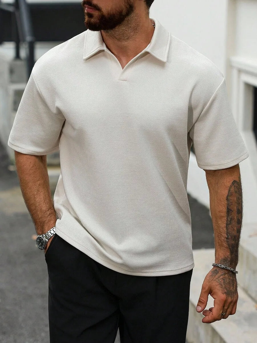 Men's Textured Short Sleeve Casual Polo Shirt in Off-White