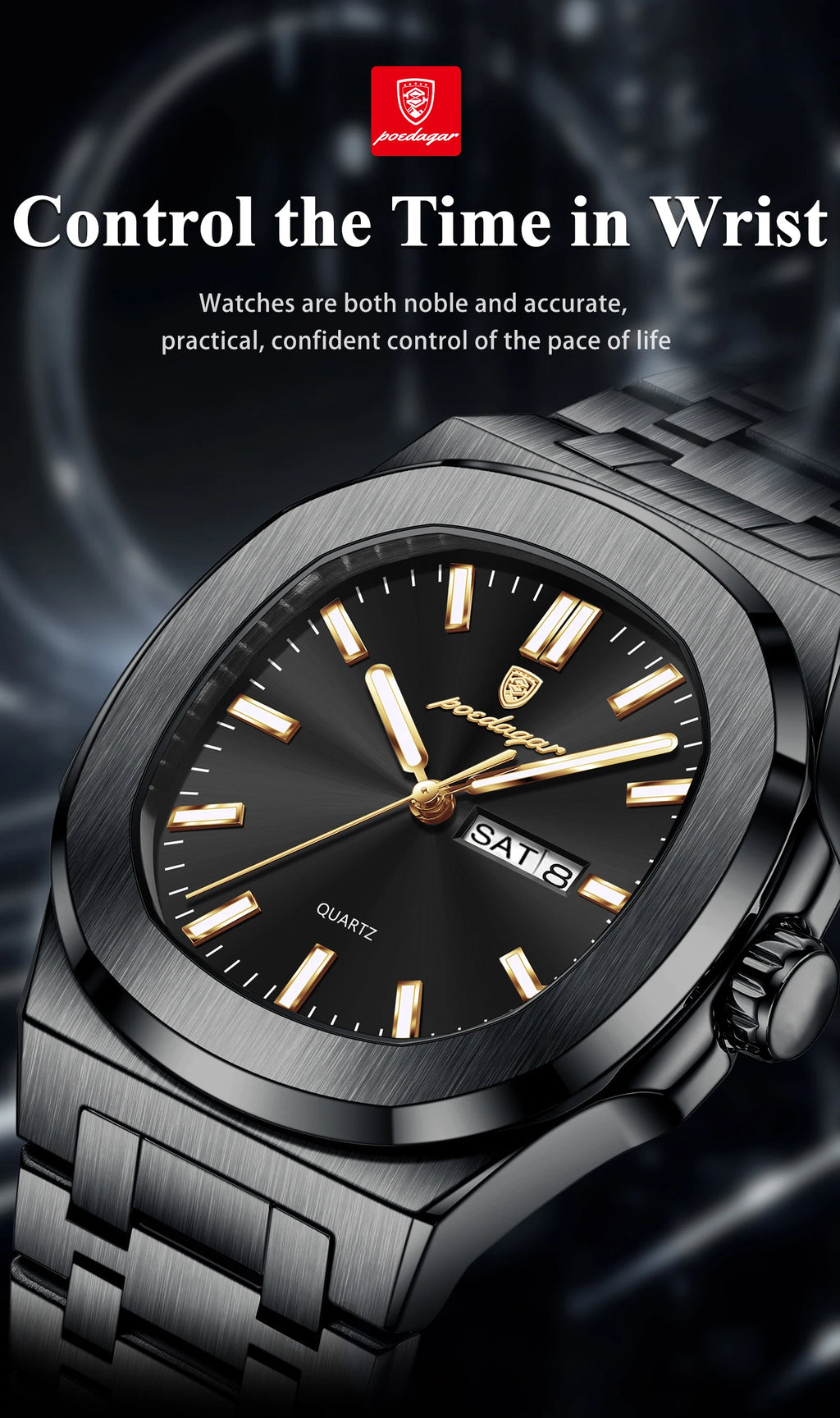 POEDAGAR Square Luxury Men Clock Waterproof Luminous Date Week Quartz Man Wristwatch Stainless Steel Fashion Men's Watches Reloj