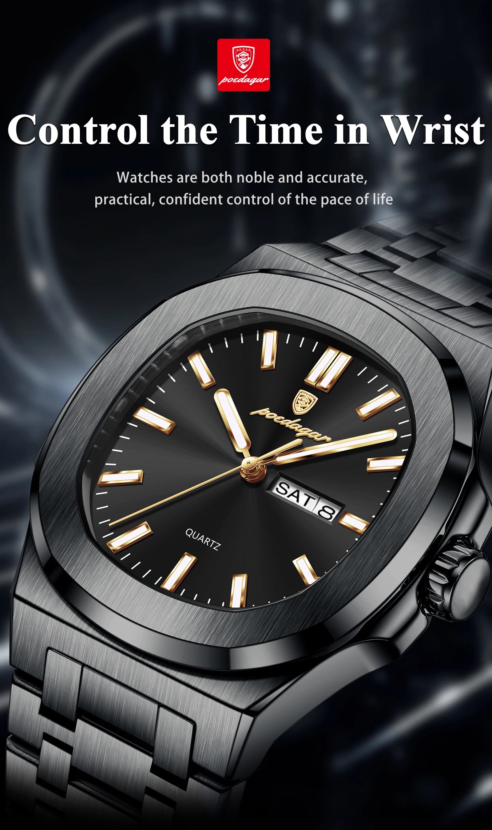 POEDAGAR Square Luxury Men Clock Waterproof Luminous Date Week Quartz Man Wristwatch Stainless Steel Fashion Men's Watches Reloj