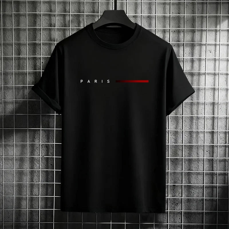 New fashionable t-shirt for men loose Paris style with creative print of letters casual round neck and short sleeves for summer