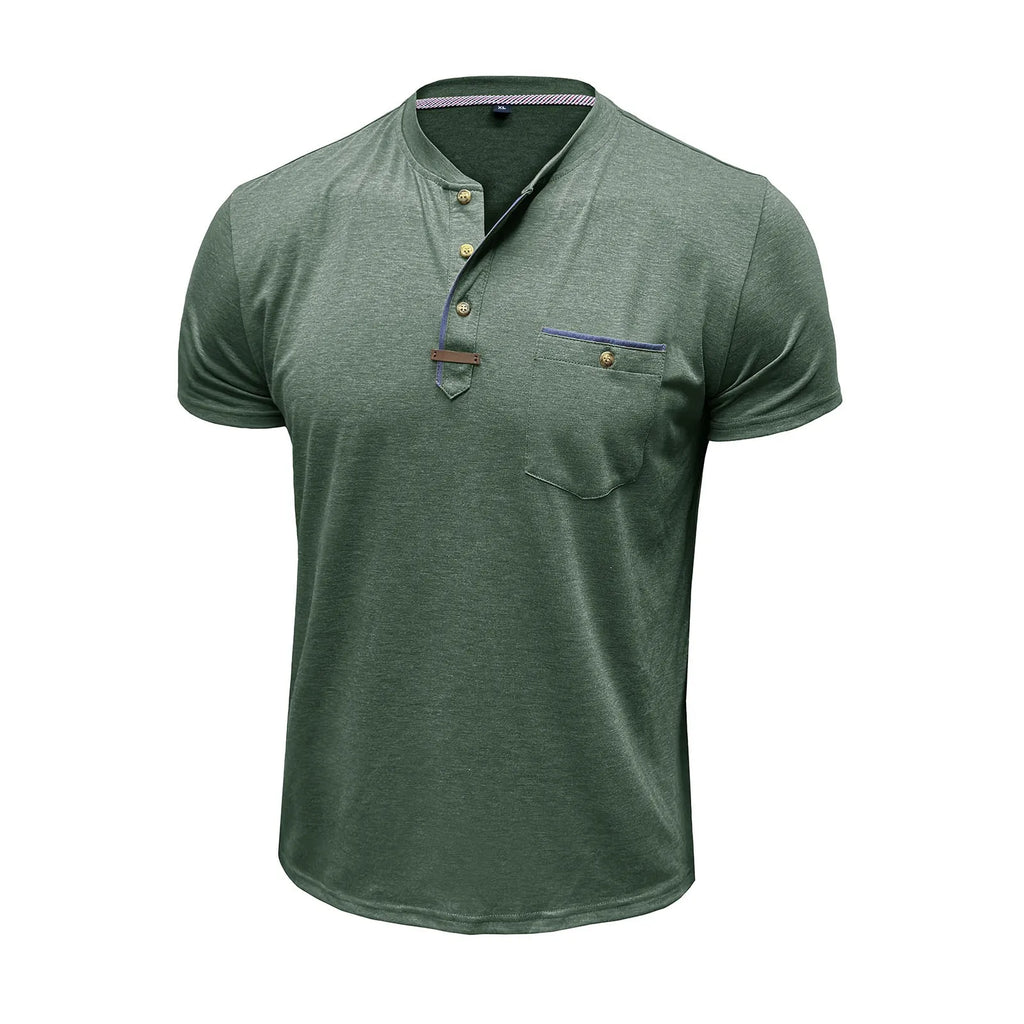 Men'S Short Sleeved T-Shirt Casual Round Neck Button Down Bottoming Shirt With Pocket Pullover Vintage Washed T-Shirt For Male