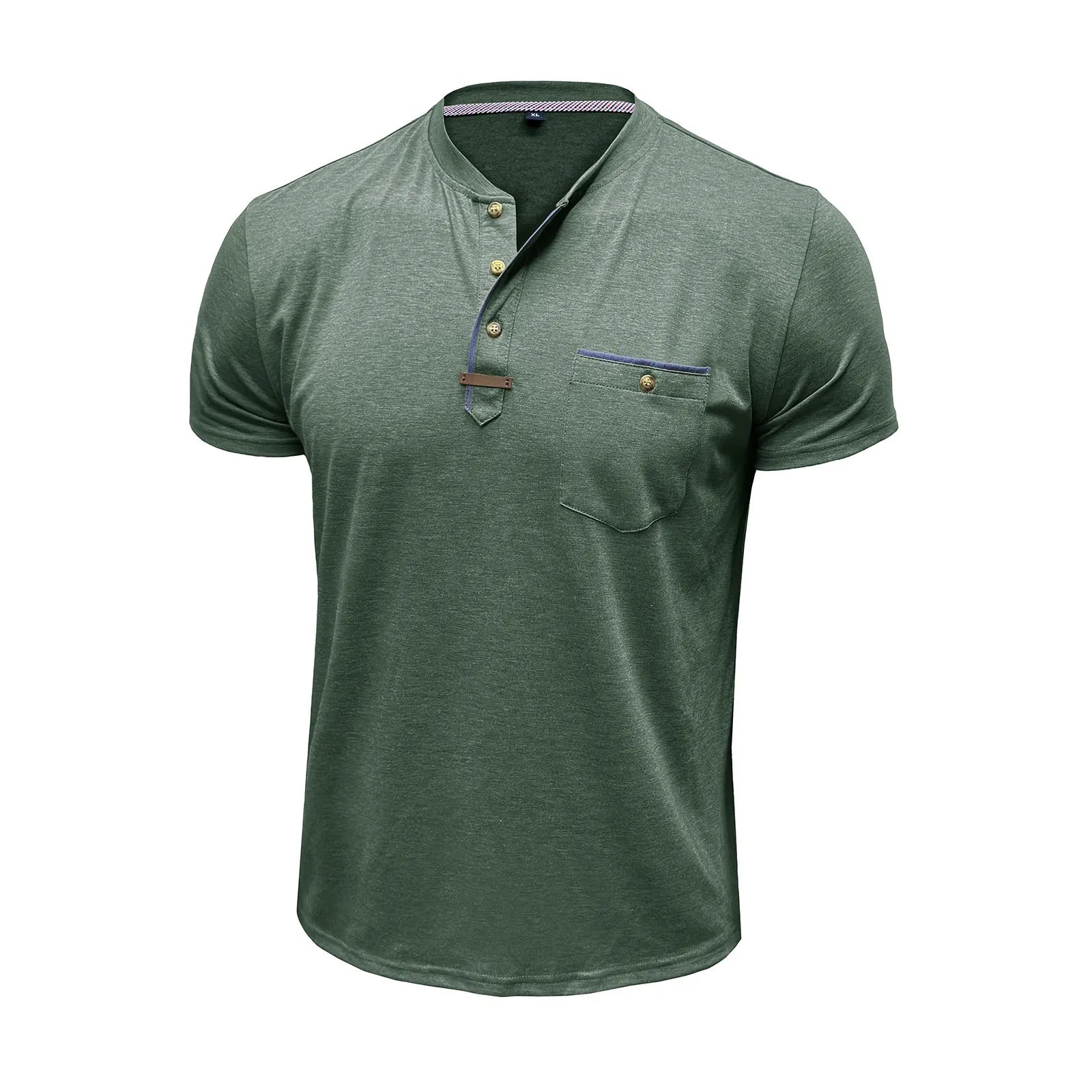 Men'S Short Sleeved T-Shirt Casual Round Neck Button Down Bottoming Shirt With Pocket Pullover Vintage Washed T-Shirt For Male