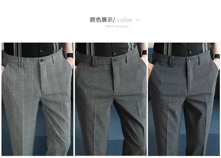 Gray Plaid Suit Pants Men, Fashion Slim Streaks Trousers Korean Navy Blue Pantalones Hombre, 28-32,33,34,36,38 Male Pant
