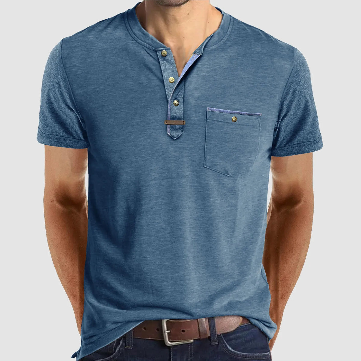 Men'S Short Sleeved T-Shirt Casual Round Neck Button Down Bottoming Shirt With Pocket Pullover Vintage Washed T-Shirt For Male