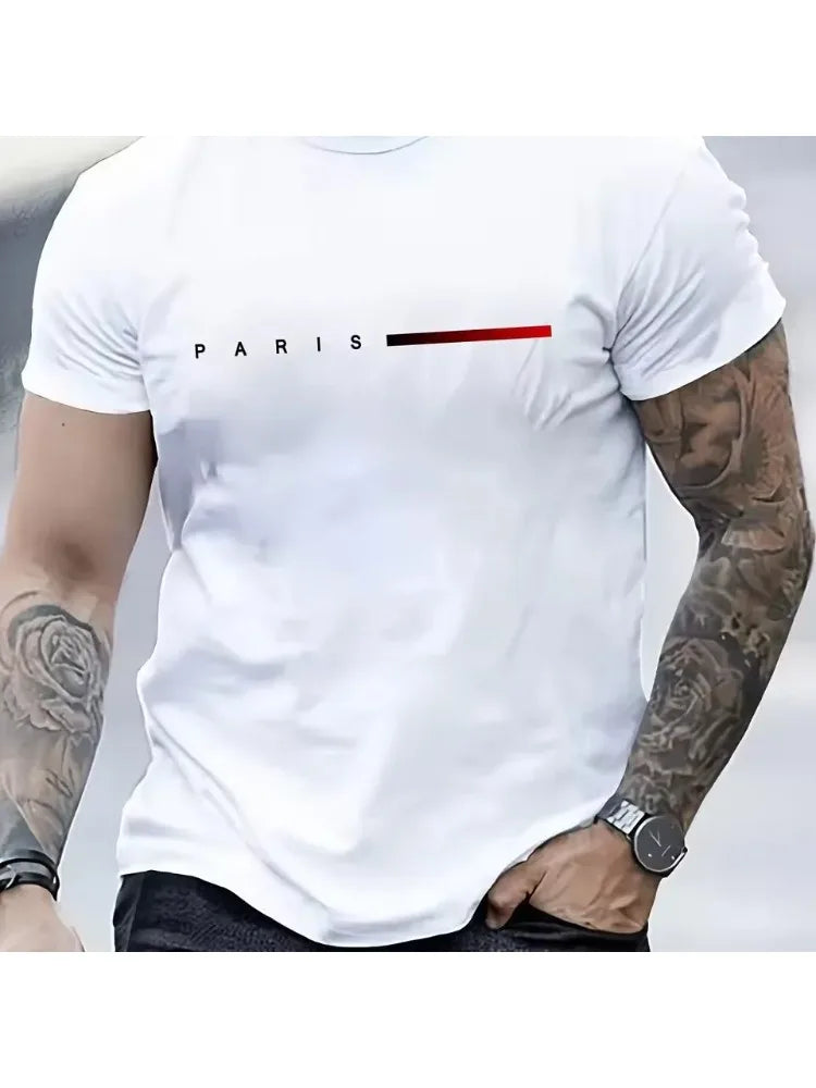 New fashionable t-shirt for men loose Paris style with creative print of letters casual round neck and short sleeves for summer