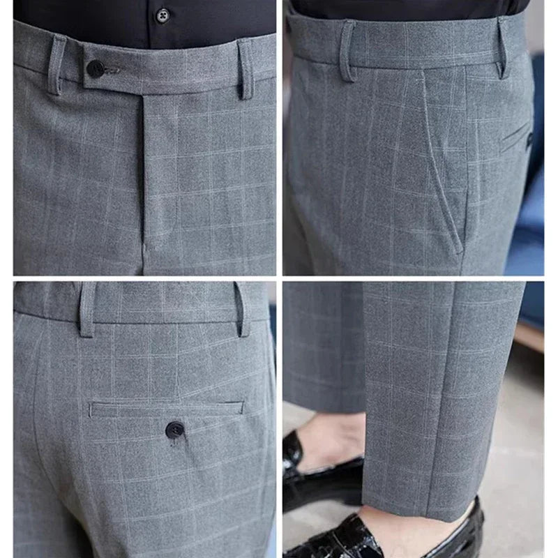 Gray Plaid Suit Pants Men, Fashion Slim Streaks Trousers Korean Navy Blue Pantalones Hombre, 28-32,33,34,36,38 Male Pant