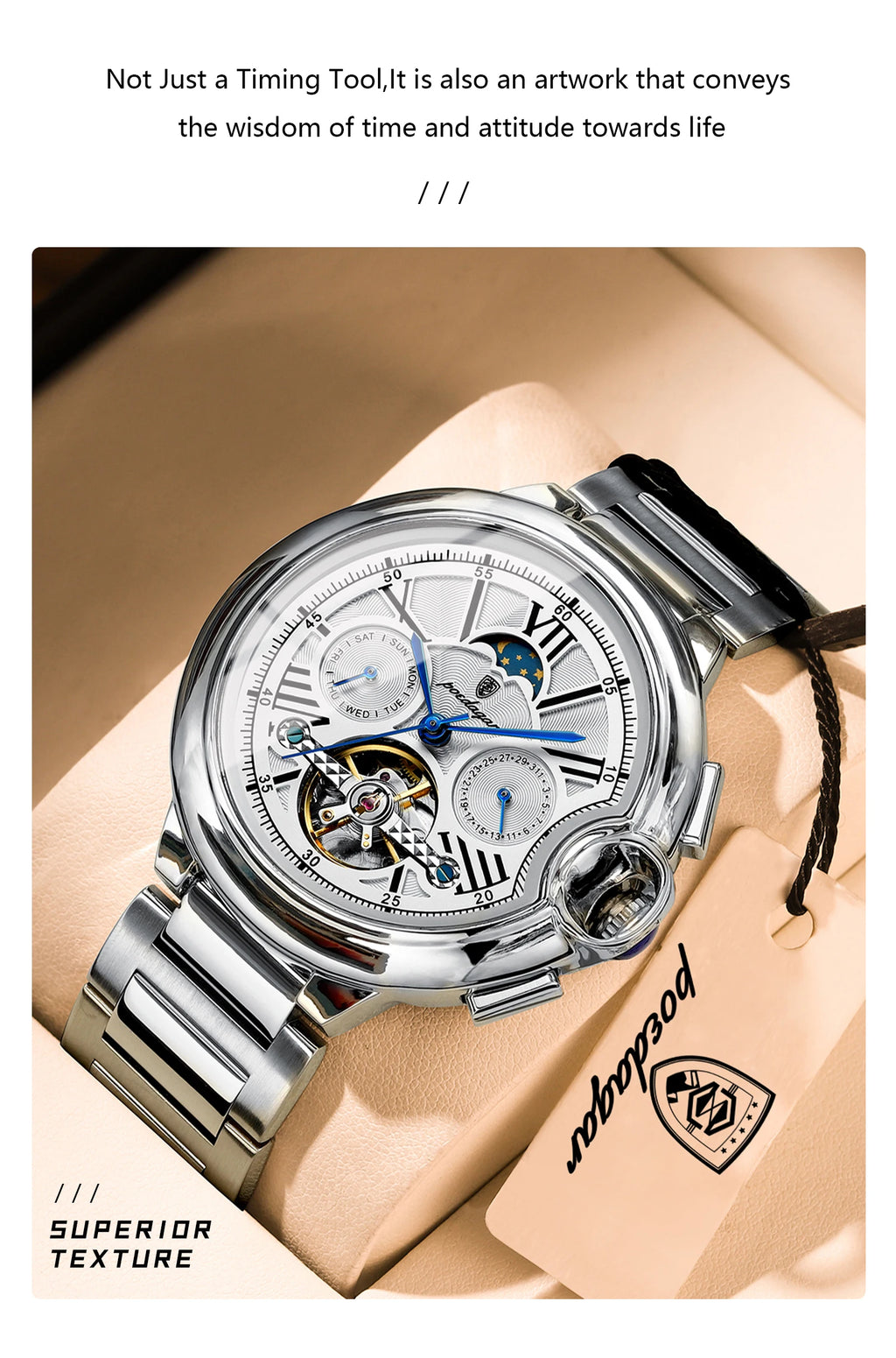 POEDAGAR Luxury Male Clock Date Week Stainless Steel Tourbillon Men Watch Waterproof Automatic Mechanical Business Men's Watches