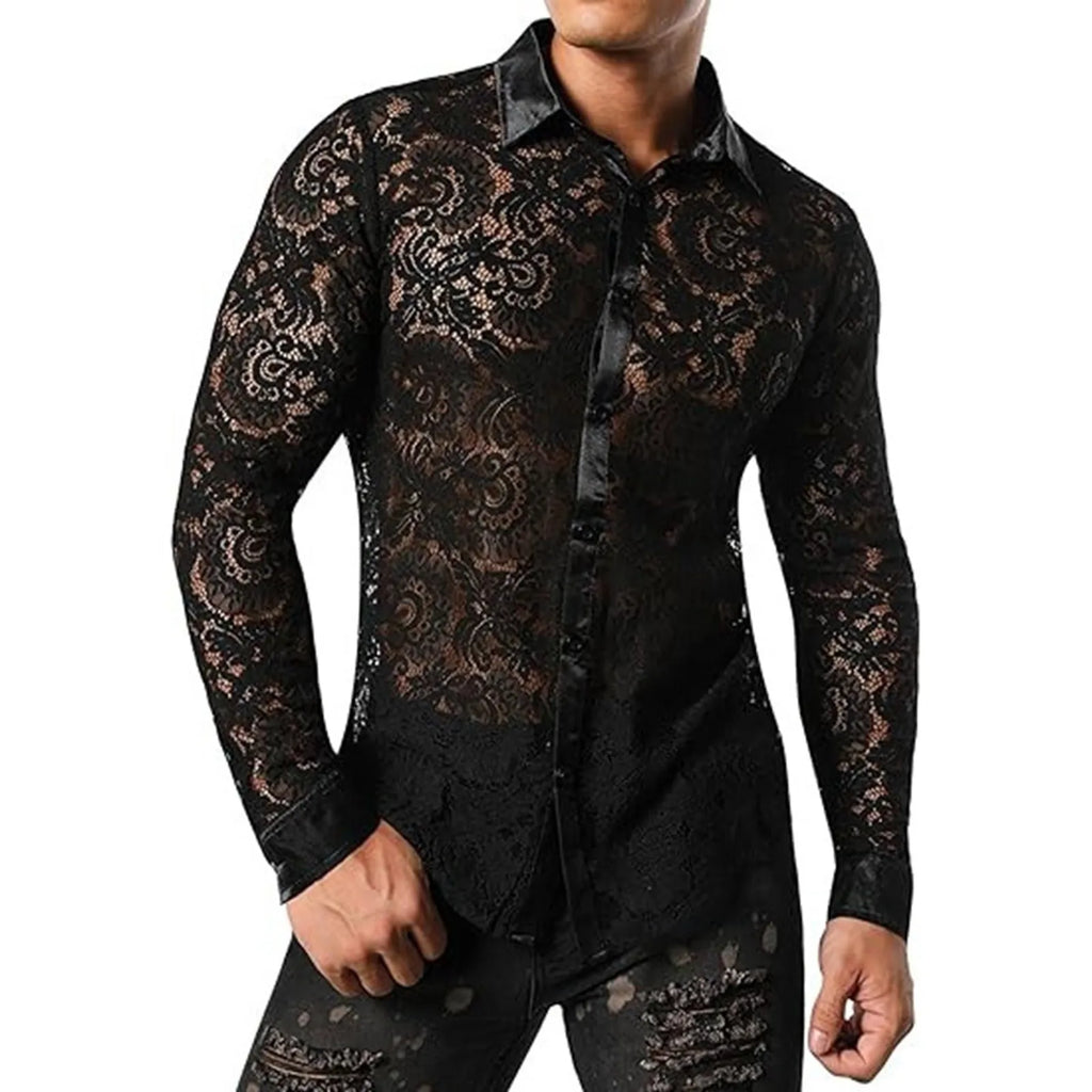 Men'S Foreign Trade Lace Shirt Transparent Sexy Long Sleeve Shirt Disco Party Fashionable Shirt Men'S Short-Sleeved Shirt