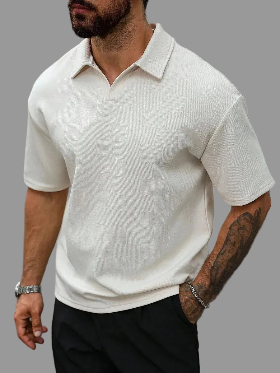 Men's Textured Short Sleeve Casual Polo Shirt in Off-White