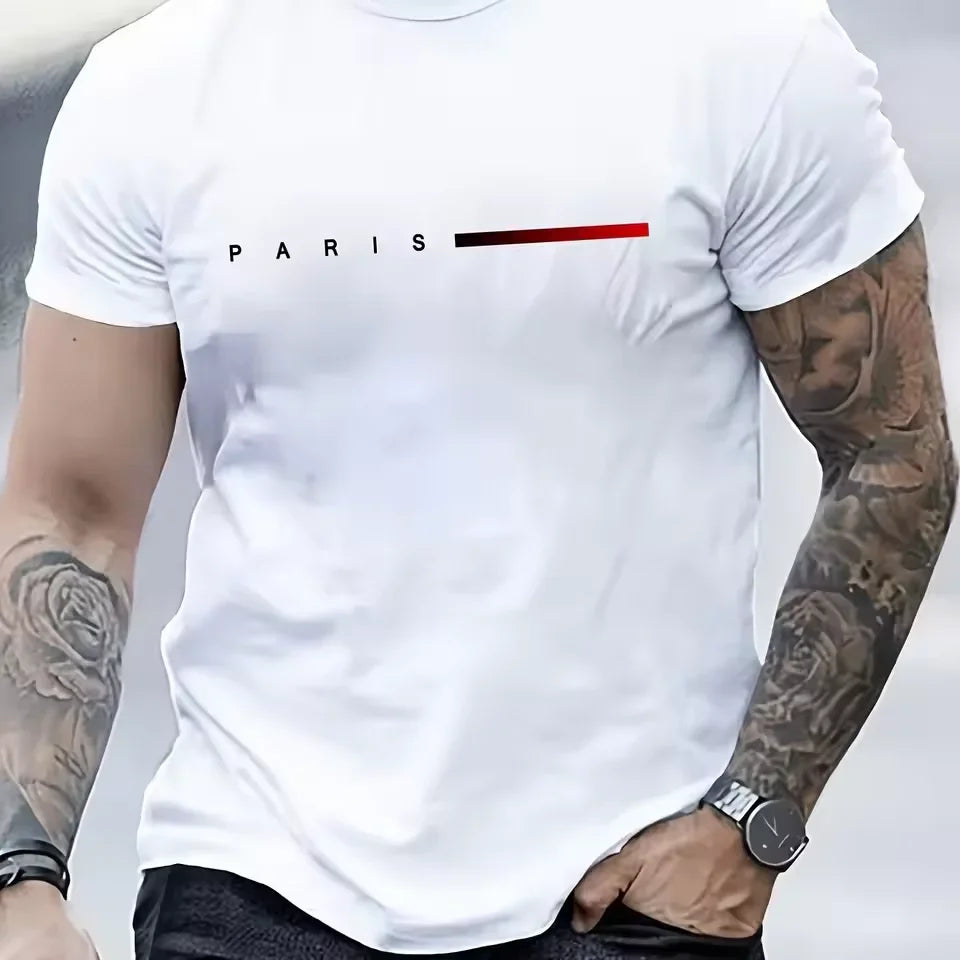 New fashionable t-shirt for men loose Paris style with creative print of letters casual round neck and short sleeves for summer