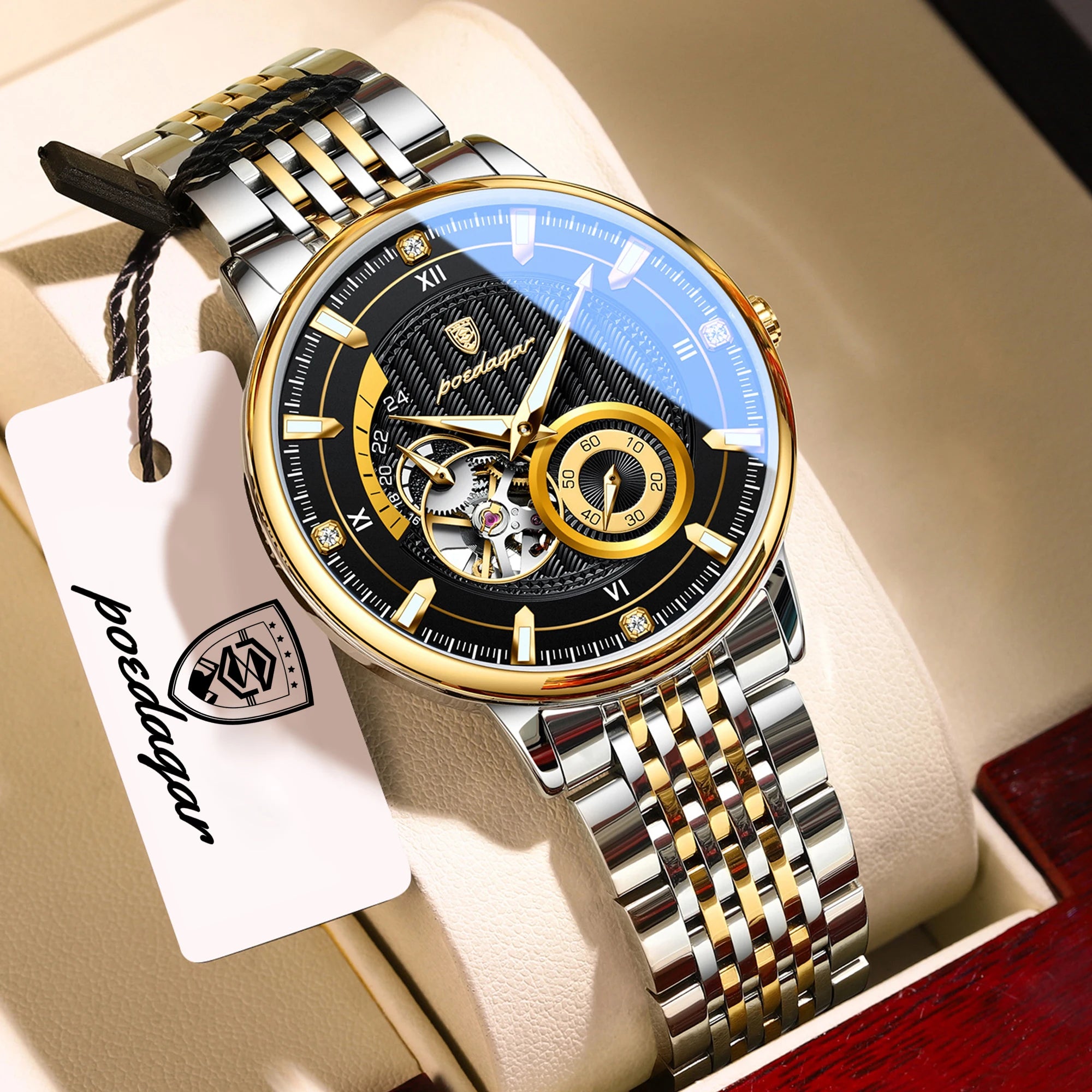 POEDAGAR Luxury Male Clock Date Week Stainless Steel Tourbillon Men Watch Waterproof Automatic Mechanical Business Men's Watches