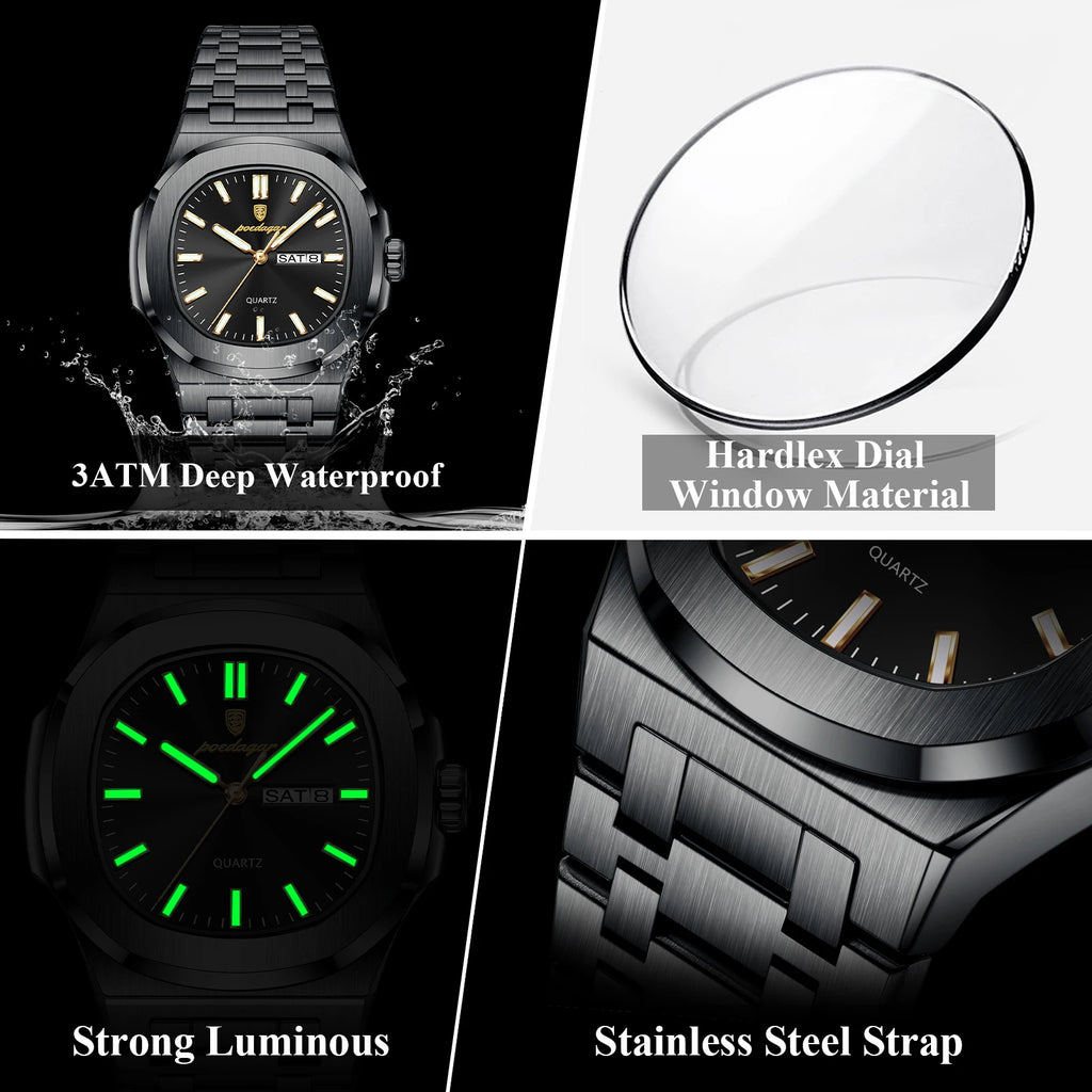 POEDAGAR Square Luxury Men Clock Waterproof Luminous Date Week Quartz Man Wristwatch Stainless Steel Fashion Men's Watches Reloj