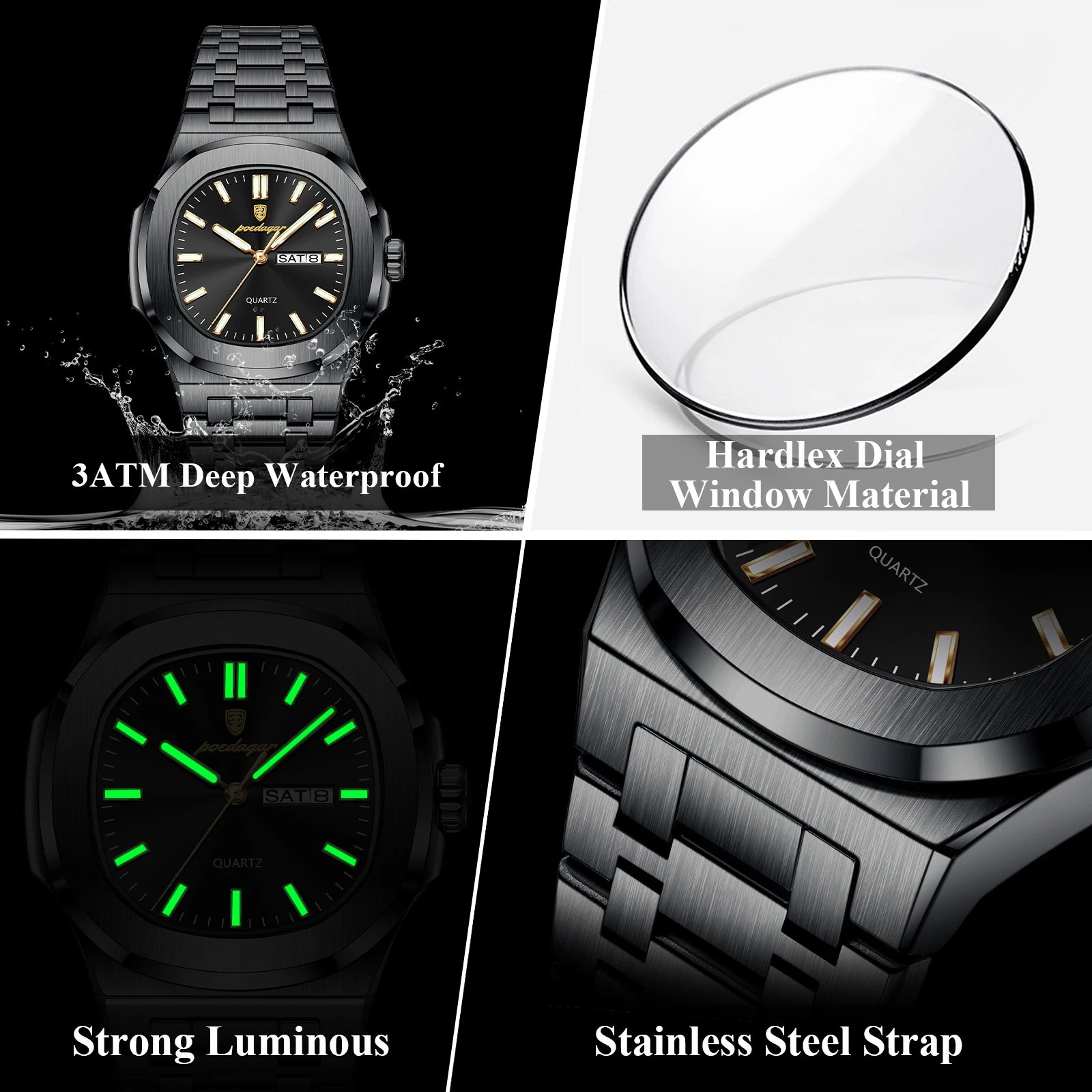 POEDAGAR Square Luxury Men Clock Waterproof Luminous Date Week Quartz Man Wristwatch Stainless Steel Fashion Men's Watches Reloj
