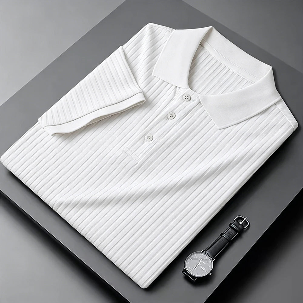 Men's Short Sleeve Polo Shirt Summer Ice Silk Lightweight T-shirt Solid Color Fashion Pit-striped Casual Simple Style Tops