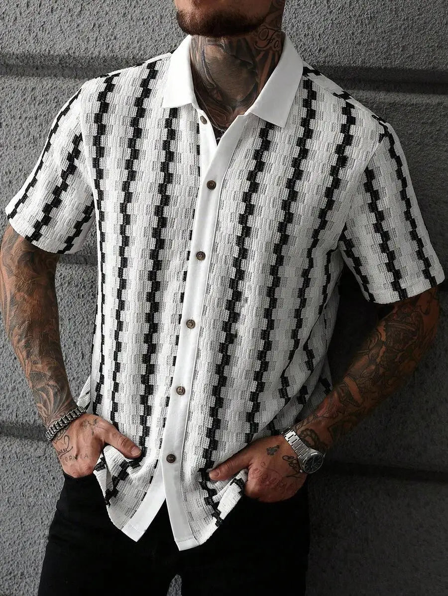 Casual Short Sleeve Knitted Shirt With Turn-Down Collar Geometric Pattern Men