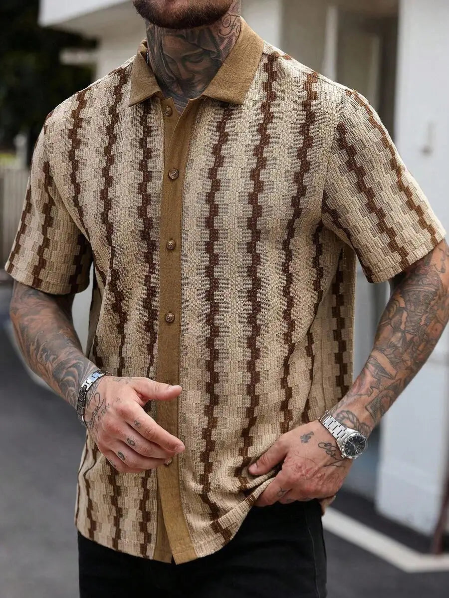 Casual Short Sleeve Knitted Shirt With Turn-Down Collar Geometric Pattern Men