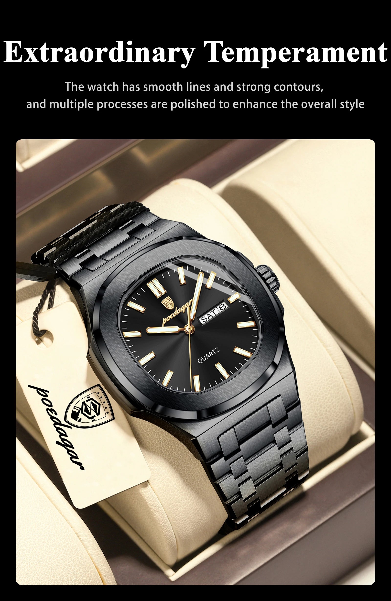 POEDAGAR Square Luxury Men Clock Waterproof Luminous Date Week Quartz Man Wristwatch Stainless Steel Fashion Men's Watches Reloj
