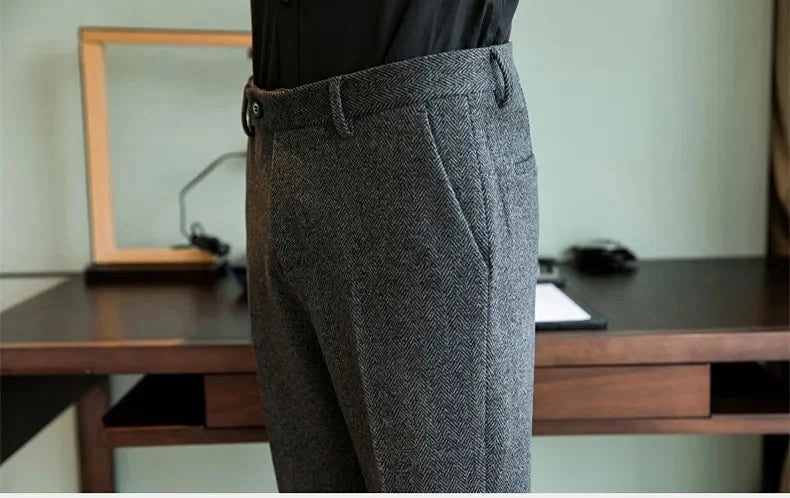 Autumn Winter Man Elastic Pants Knitted Herringbone Straight Leg Trousers Business Casual Banquet Men's Suit Pants