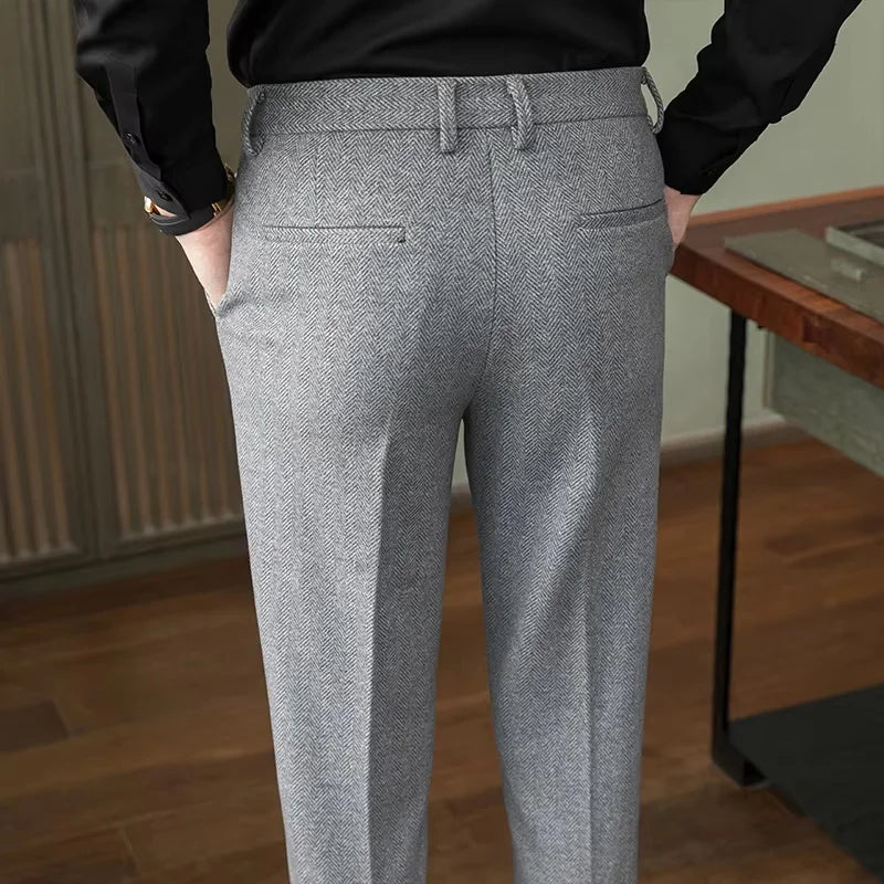 Autumn Winter Man Elastic Pants Knitted Herringbone Straight Leg Trousers Business Casual Banquet Men's Suit Pants