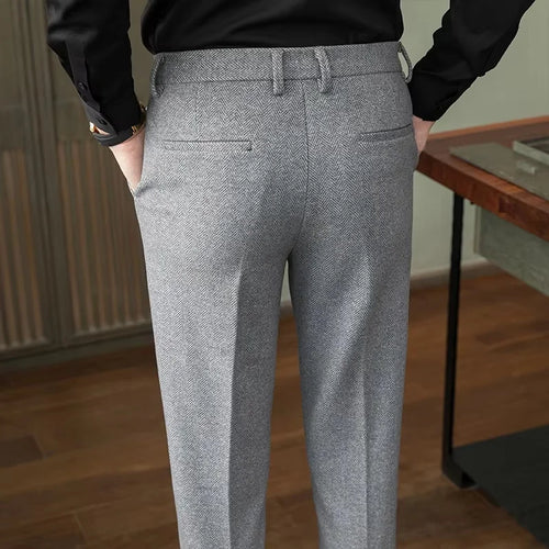 Autumn Winter Man Elastic Pants Knitted Herringbone Straight Leg Trousers Business Casual Banquet Men's Suit Pants