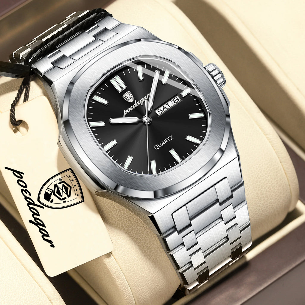 POEDAGAR Square Luxury Men Clock Waterproof Luminous Date Week Quartz Man Wristwatch Stainless Steel Fashion Men's Watches Reloj