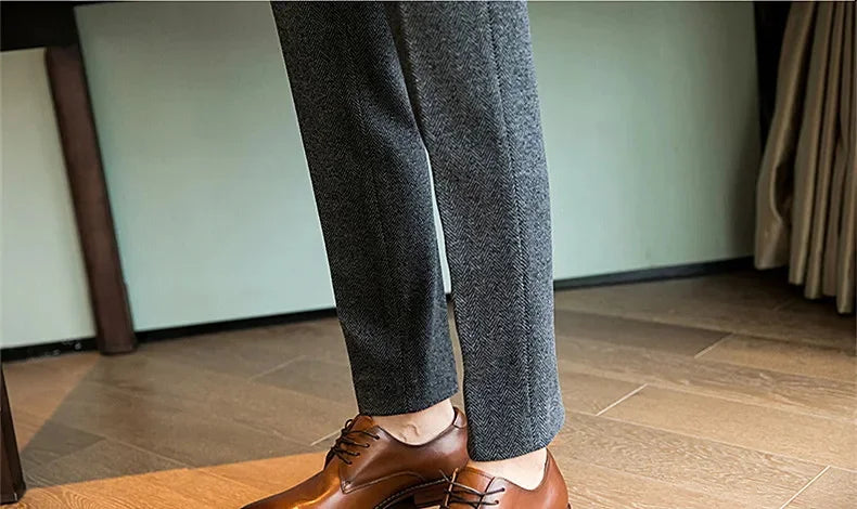 Autumn Winter Man Elastic Pants Knitted Herringbone Straight Leg Trousers Business Casual Banquet Men's Suit Pants
