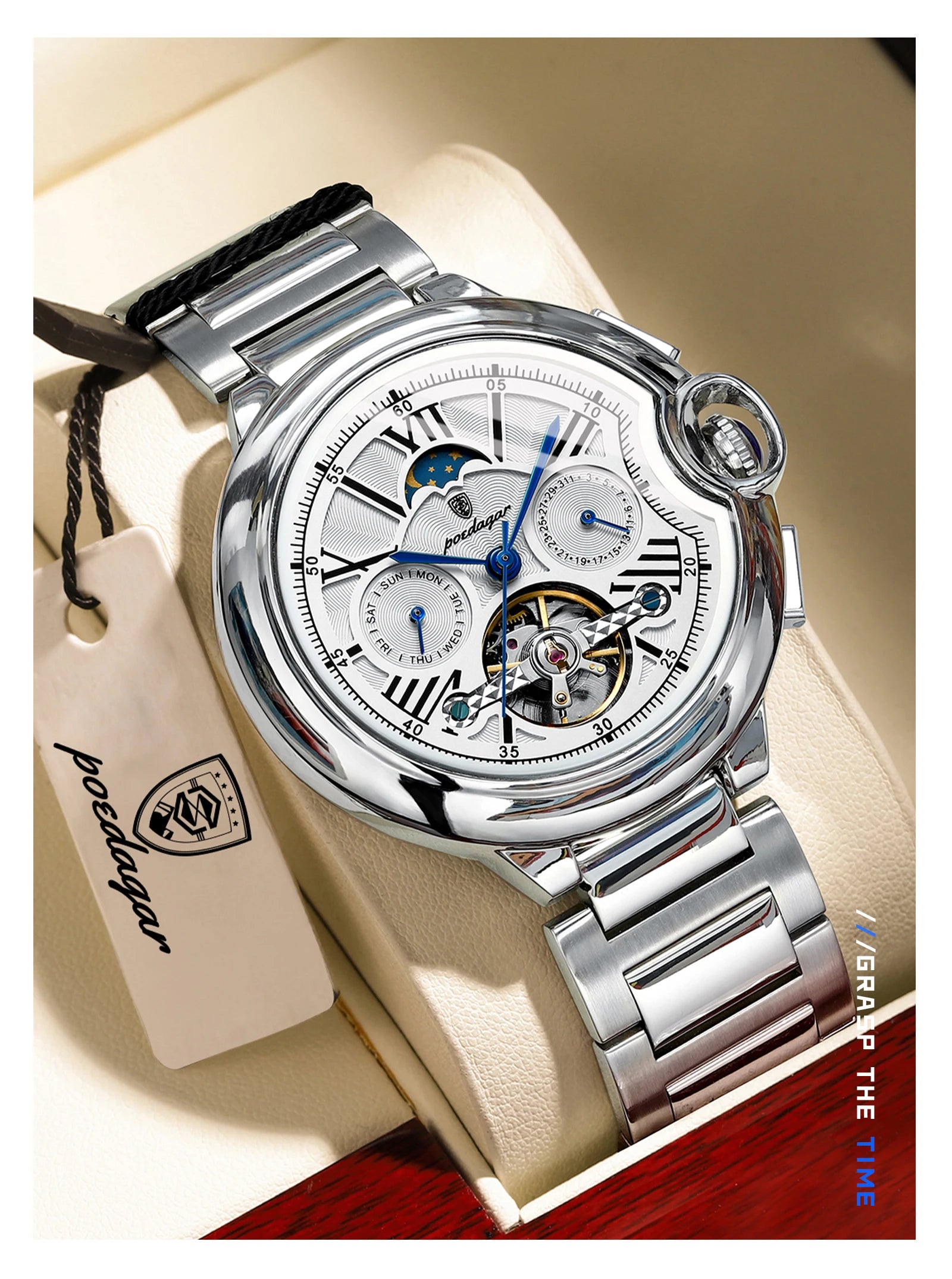 POEDAGAR Luxury Male Clock Date Week Stainless Steel Tourbillon Men Watch Waterproof Automatic Mechanical Business Men's Watches