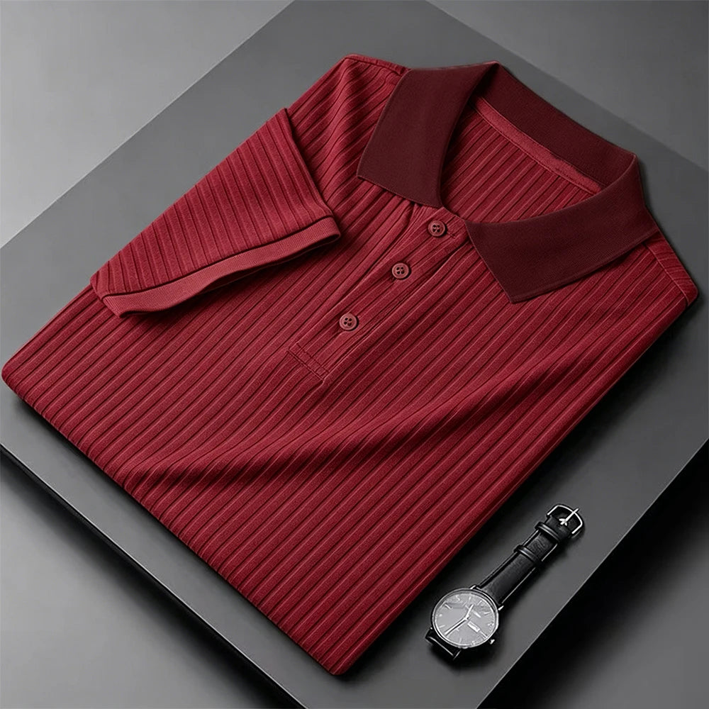 Men's Short Sleeve Polo Shirt Summer Ice Silk Lightweight T-shirt Solid Color Fashion Pit-striped Casual Simple Style Tops