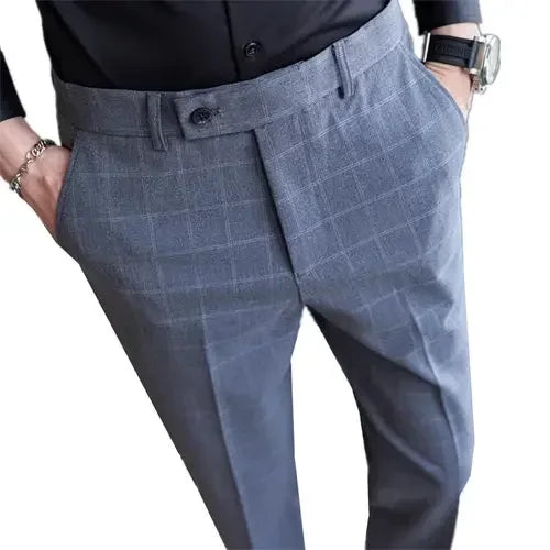 Gray Plaid Suit Pants Men, Fashion Slim Streaks Trousers Korean Navy Blue Pantalones Hombre, 28-32,33,34,36,38 Male Pant