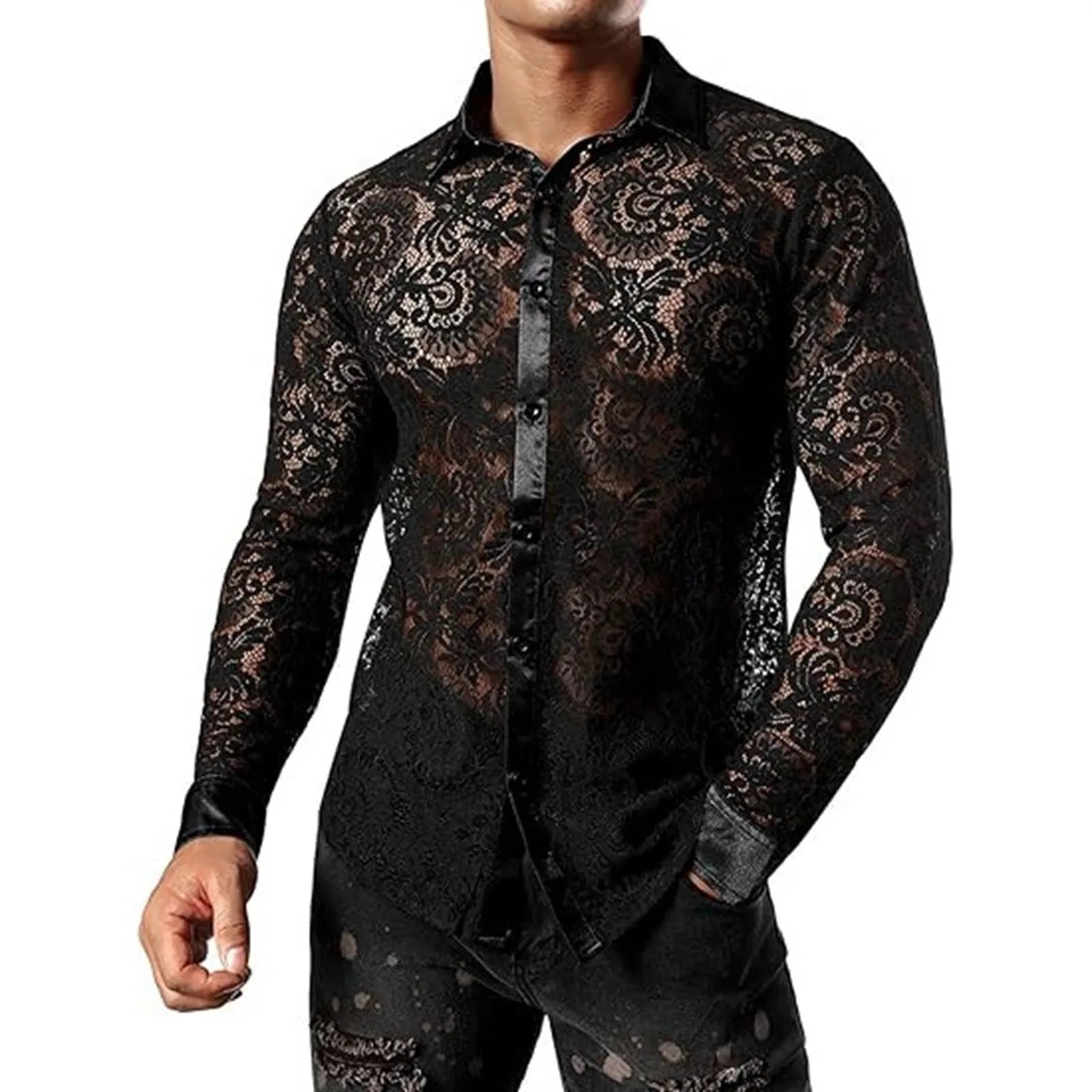Men'S Foreign Trade Lace Shirt Transparent Sexy Long Sleeve Shirt Disco Party Fashionable Shirt Men'S Short-Sleeved Shirt