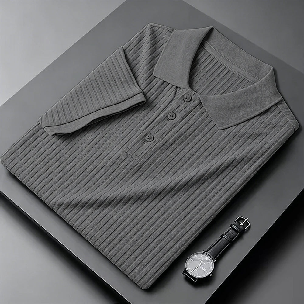 Men's Short Sleeve Polo Shirt Summer Ice Silk Lightweight T-shirt Solid Color Fashion Pit-striped Casual Simple Style Tops