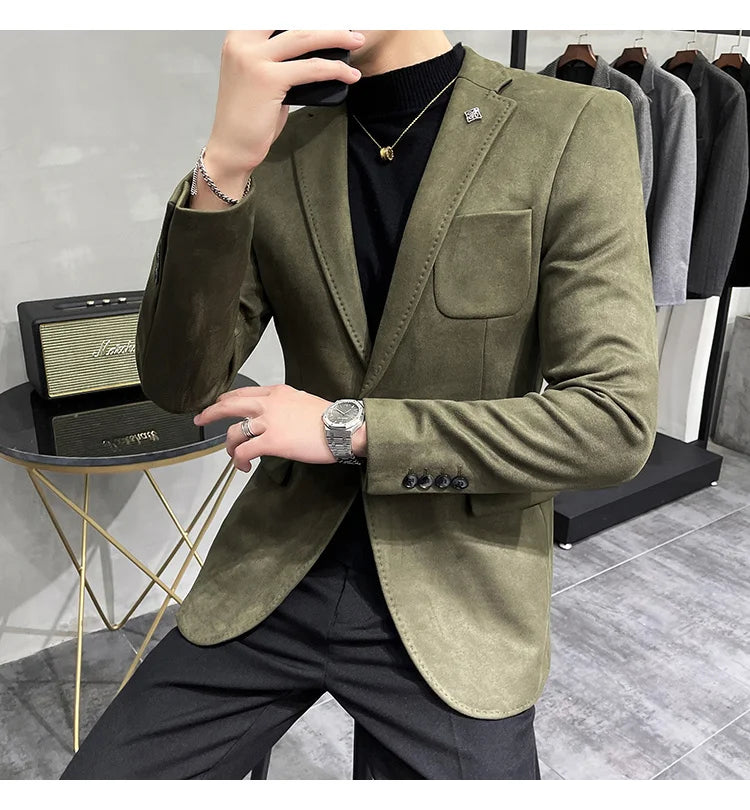 Deerskin Leather Jacket Blazer Men Casual Slim Fit Blazer Hombre Suit Leather Jacket Men Terno Masculino Men Clothing 6 Color