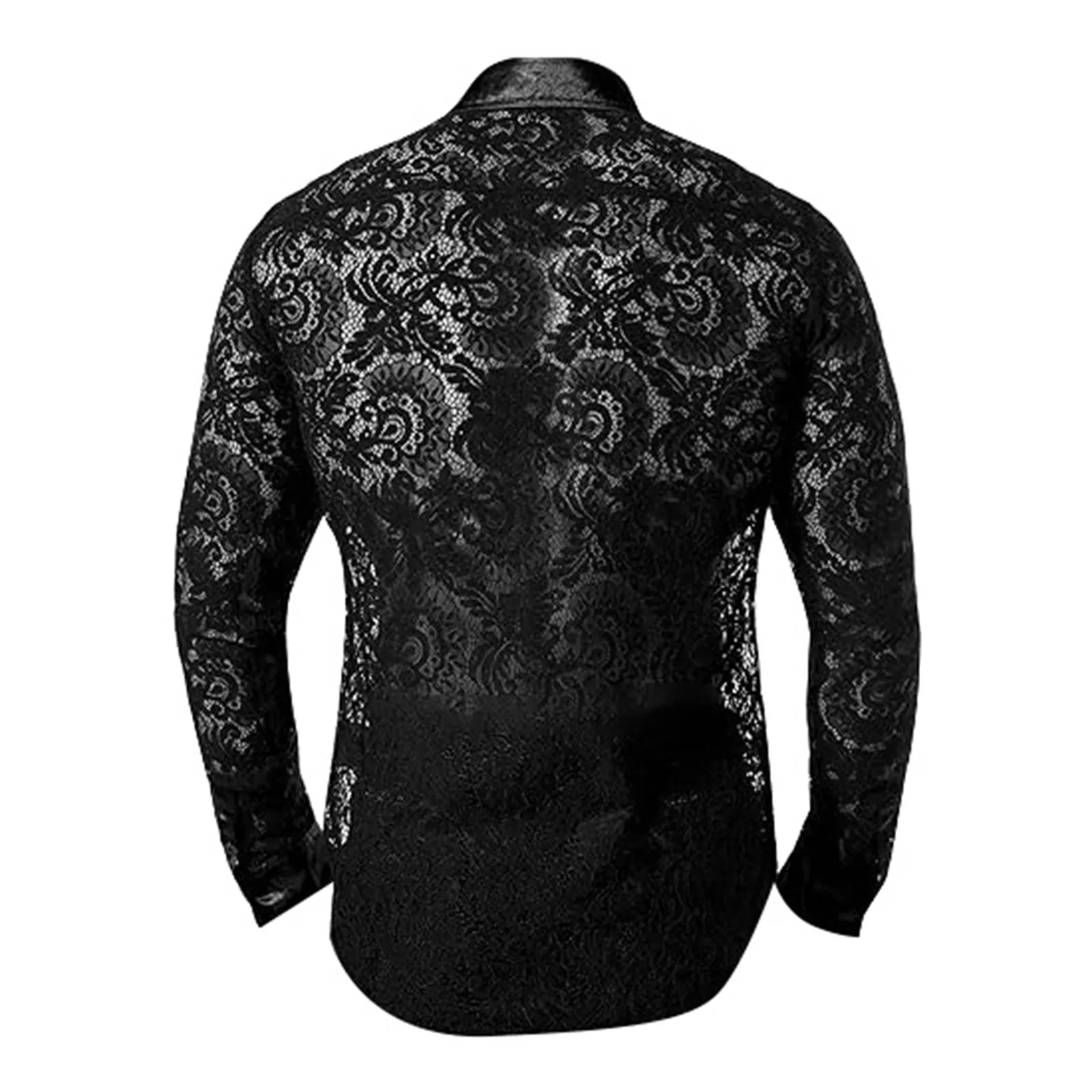 Men'S Foreign Trade Lace Shirt Transparent Sexy Long Sleeve Shirt Disco Party Fashionable Shirt Men'S Short-Sleeved Shirt