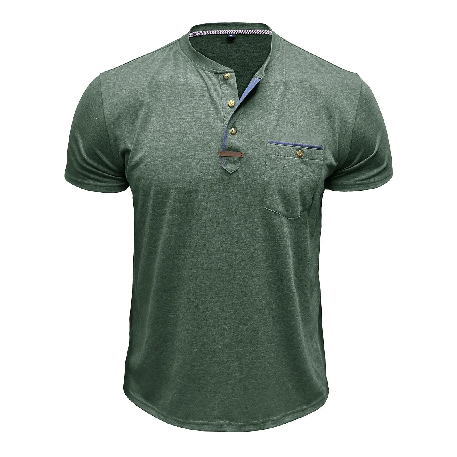 Men'S Short Sleeved T-Shirt Casual Round Neck Button Down Bottoming Shirt With Pocket Pullover Vintage Washed T-Shirt For Male