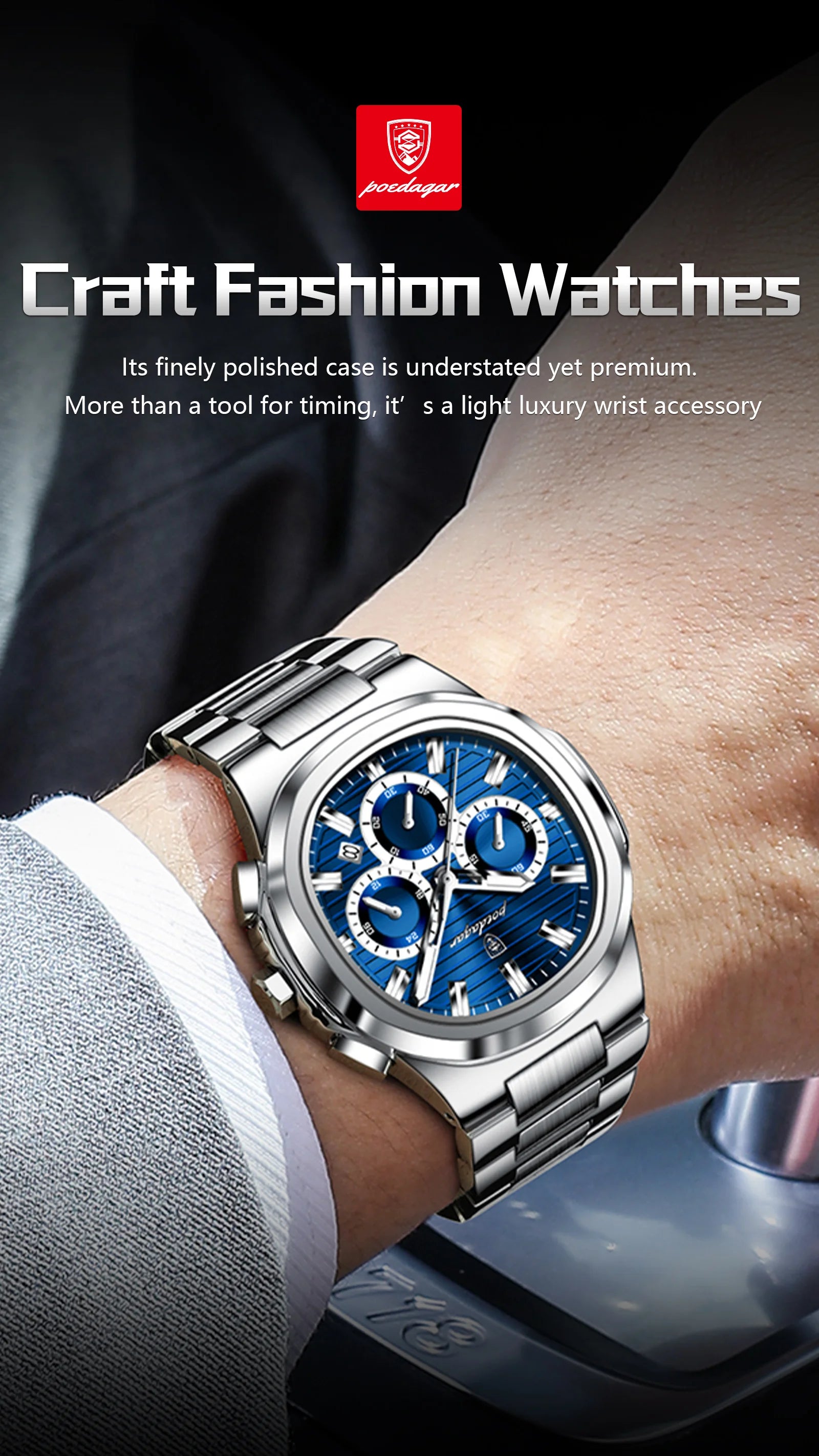 POEDAGAR Business Male Clock Date Chronograph Waterproof Luminous Luxury Men Watch Stainless Steel Quartz Fashion Men's Watches
