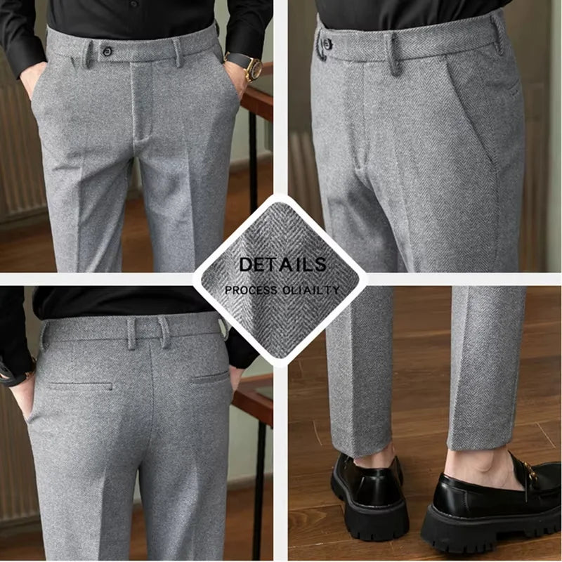 Autumn Winter Man Elastic Pants Knitted Herringbone Straight Leg Trousers Business Casual Banquet Men's Suit Pants