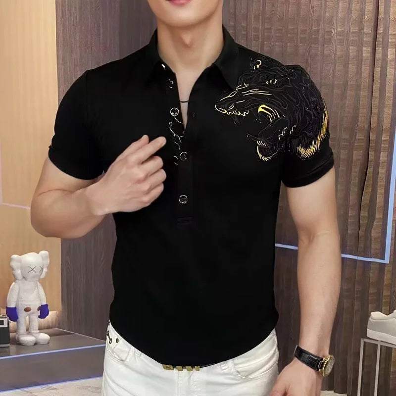 Luxury Embroidered Polo Shirt for Men High End Slim Fit Casual Business Social T-shirt Versatile Streetwear Lapel Tee Tops 2025